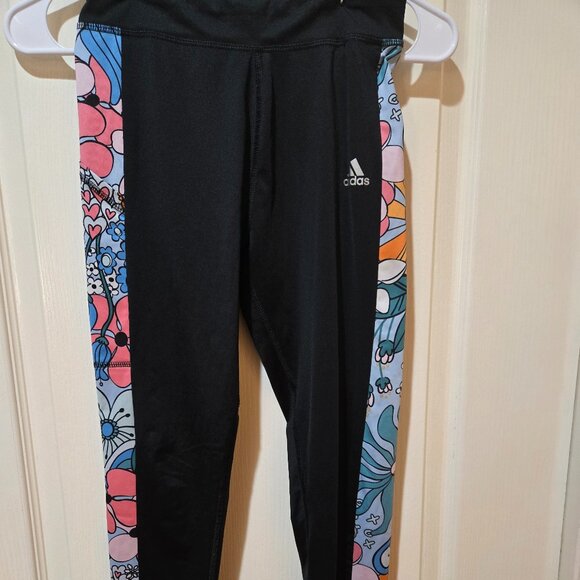 Adidas Girls Black Multi-Colored Side Floral Print Leggings Size Large (14) - Picture 1 of 5